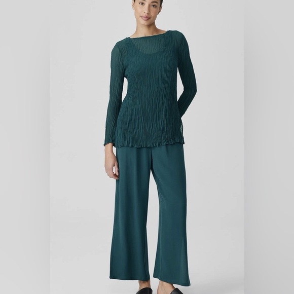 NWT EILEEN FISHER Crinkled Sheer Silk Georgette Bateau Neck Long Top Sz L - Picture 5 of 11